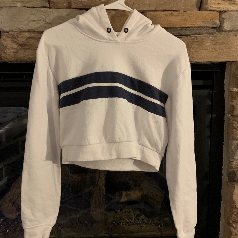 cropped navy and white garage hoodie